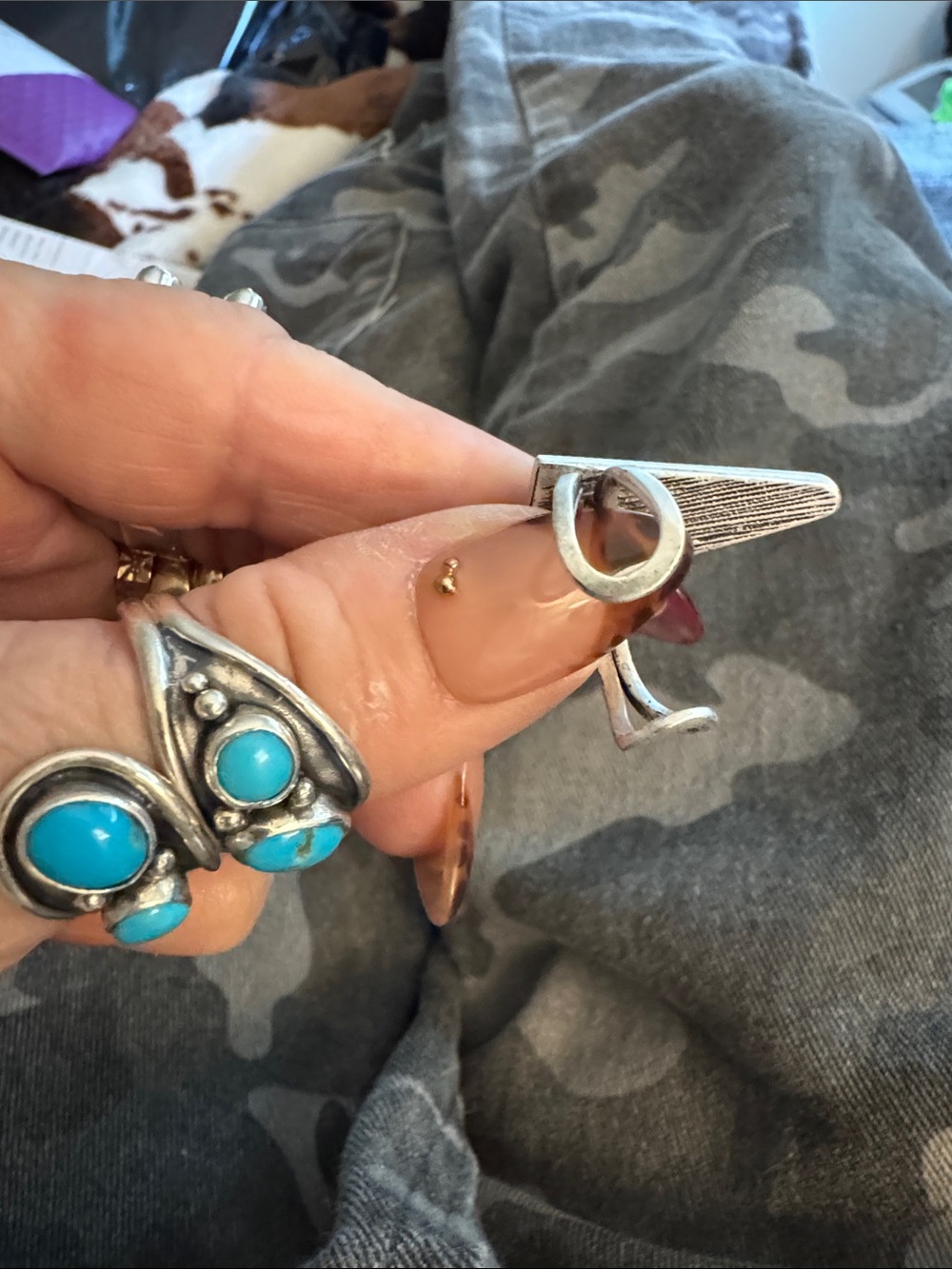 Navajo Turquoise Cluster and Geometric Stone Rings 925 silver - Picture 3 of 4